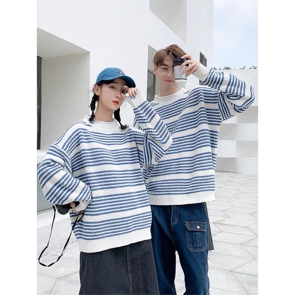 &lt;&lt;Có sẵn&gt;&gt; Áo len sọc dài tay thời trang kiểu Hàn quốc Unisex Nam Nữ