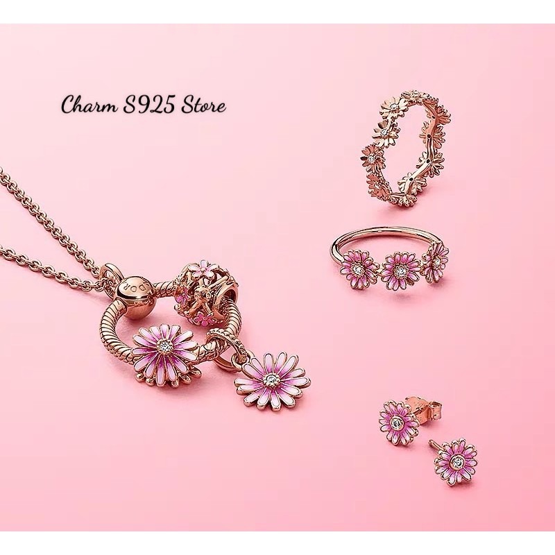 Nhẫn đeo tay pan hoa cúc vàng hồng đính đá bạc s925 cao cấp