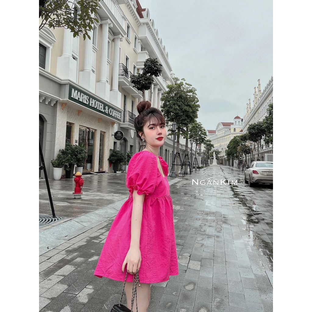 Set áo babydoll cổ vuông tay bồng quần short đùi xinh xắn DN752