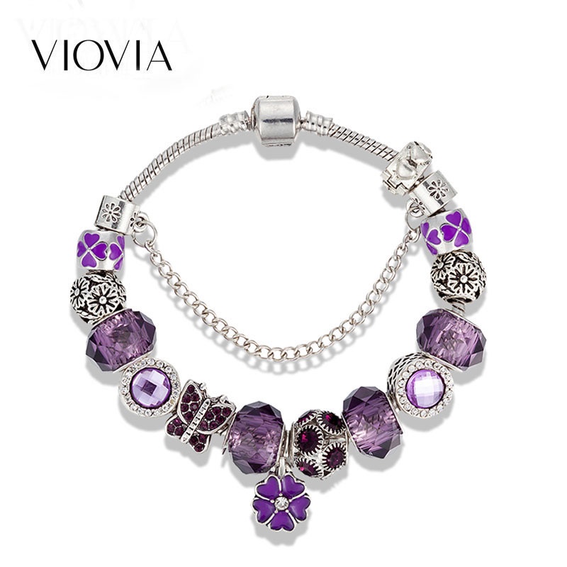Vòng charm tím hình hoa phong cách châu Âu