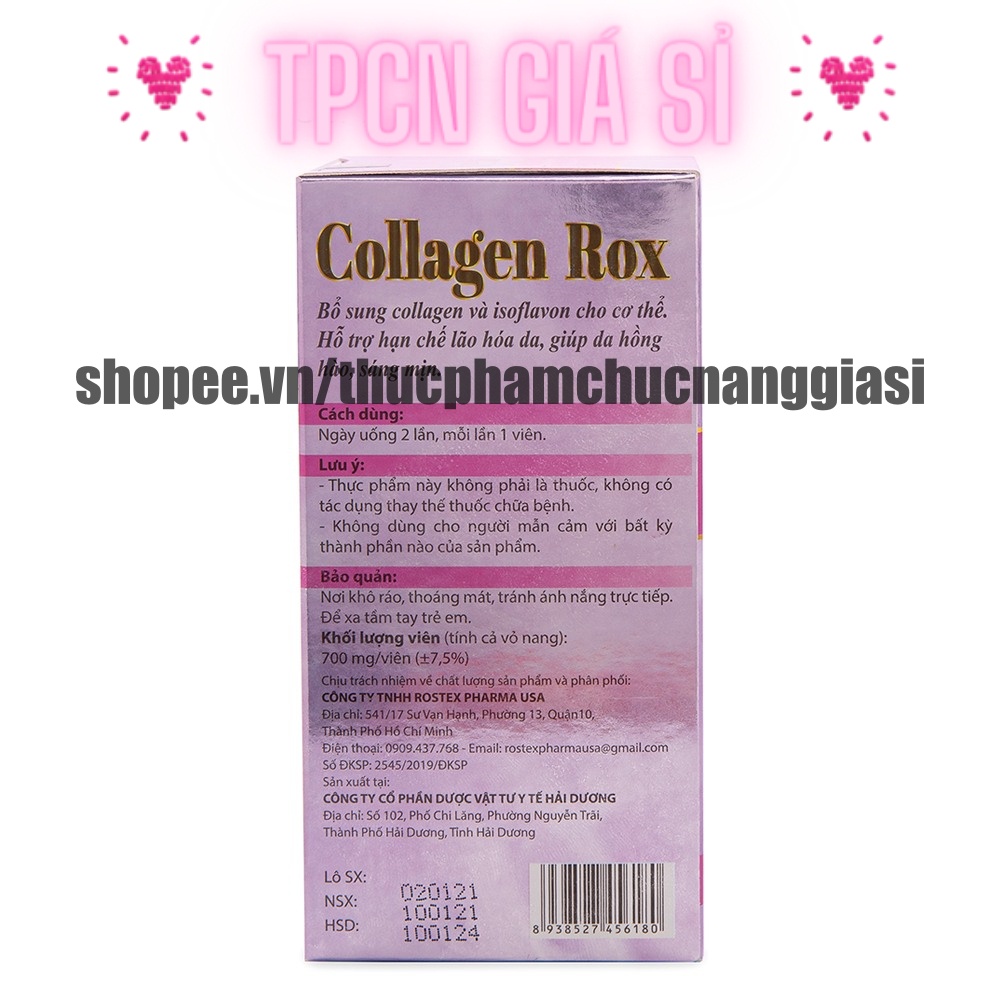 Viên uống đẹp da Colagen Rox bổ sung vitamine giúp trắng da, sáng da, giảm nám, mờ thâm - Chai 60 viên ( Hồng )