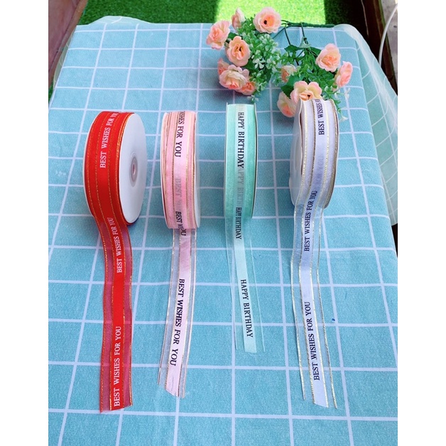 Lẻ 2 mét Ruy Băng Voan 2,5cm, Viền 3D, Chữ Tiếng Anh
