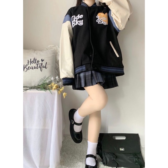 Áo khoác bomber nam nữ, áo bóng chày unisex cam / đen Tide Eky cool ngầu