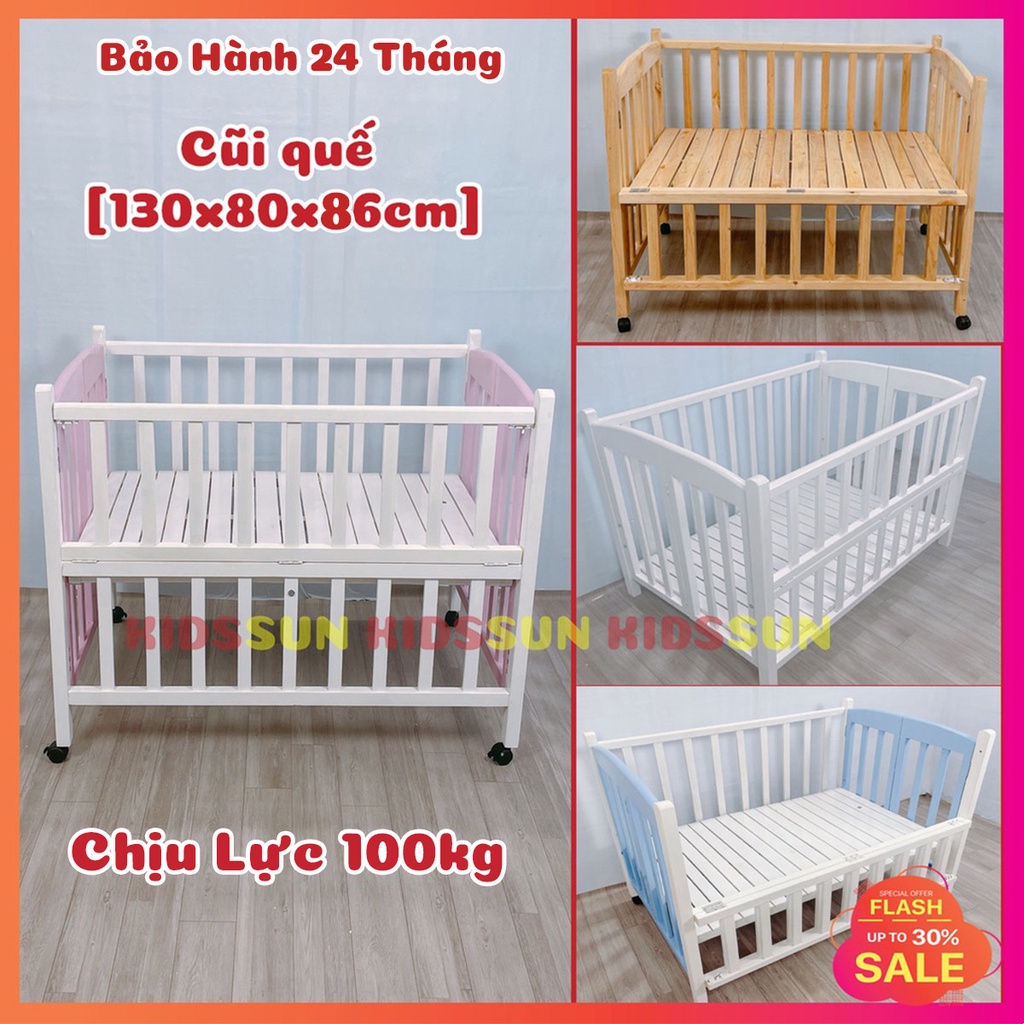 Nôi Cũi Gỗ Cho Bé KIDSSUN Chất Liệu Gỗ Quế Kích Thước [130x80x86cm] Chịu Lực Tới 100kg Tặng Bánh Xe BH 24 Tháng