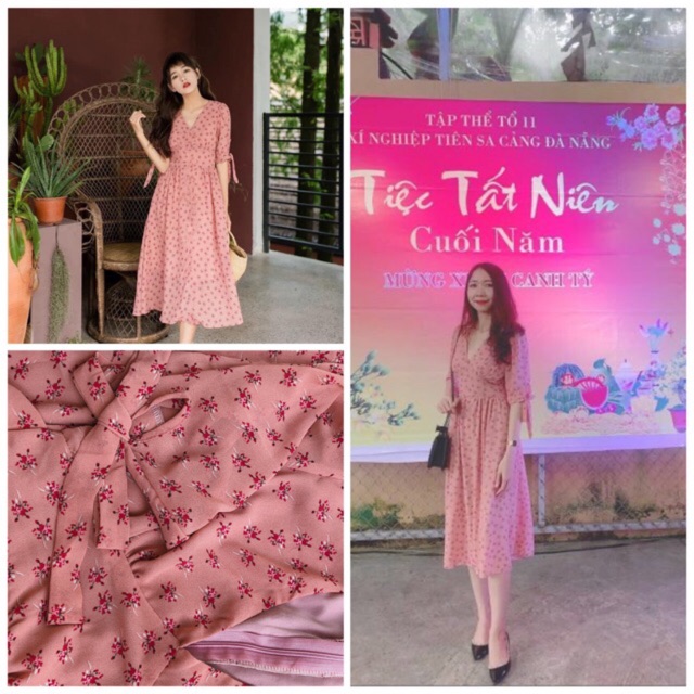 (ĐẦM LỤA HOA NHÍ FORM XINH DUYÊN DÁNG TAY CỘT NƠ)ảnh thật khách mặc