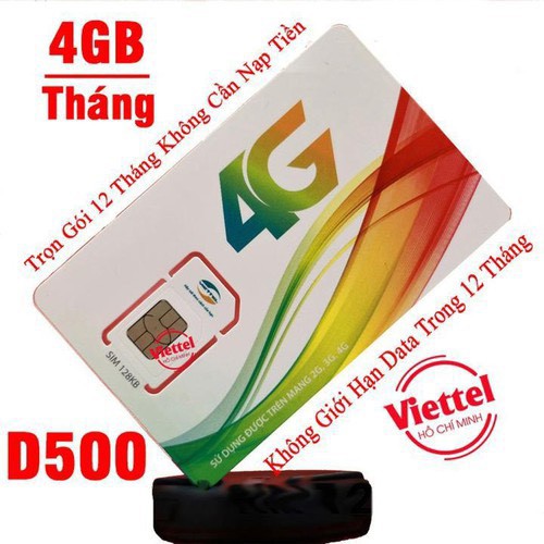 Sim 4G Viettel D500 trọn gói 1 năm ( 4GB / tháng - Gói D500 )