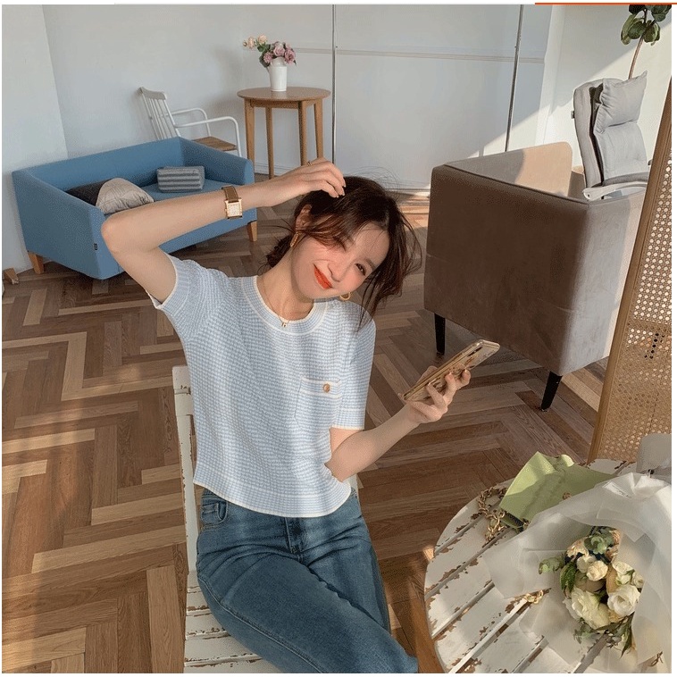 Áo Thun Dệt Kim Tay Ngắn Dáng Ôm Đơn Giản Phong Cách Hàn Quốc Cho Nữ
