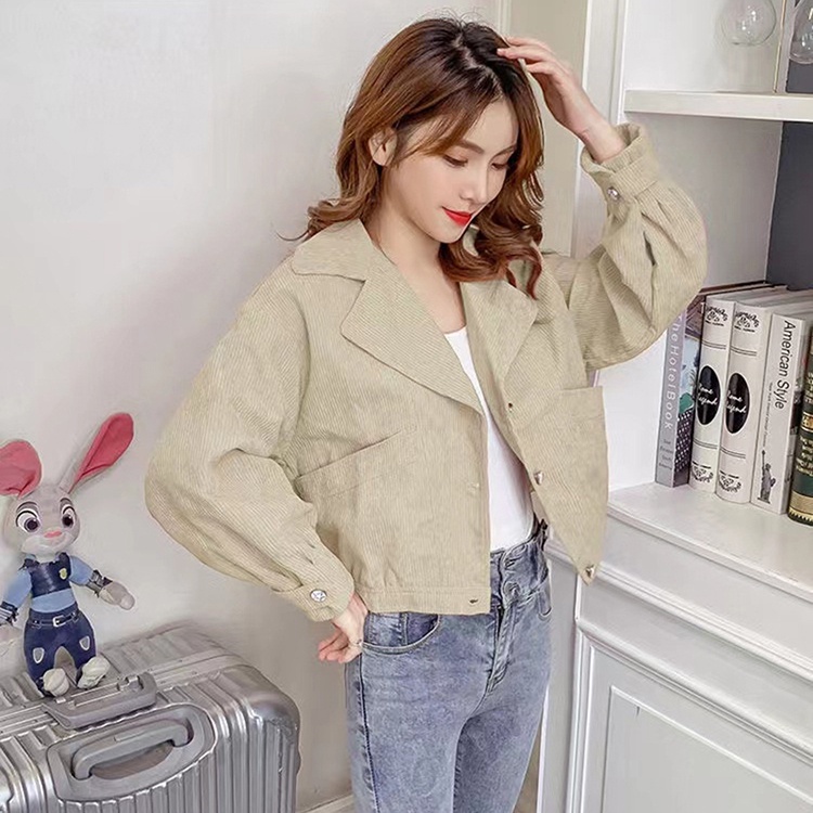 IELGY    Áo Khoác Nhung Kẻ Ngắn Giản Dị Dành Cho Nữ