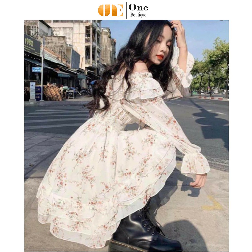 Váy trễ vai hoa nhí vintage dài tay thu đông One boutique