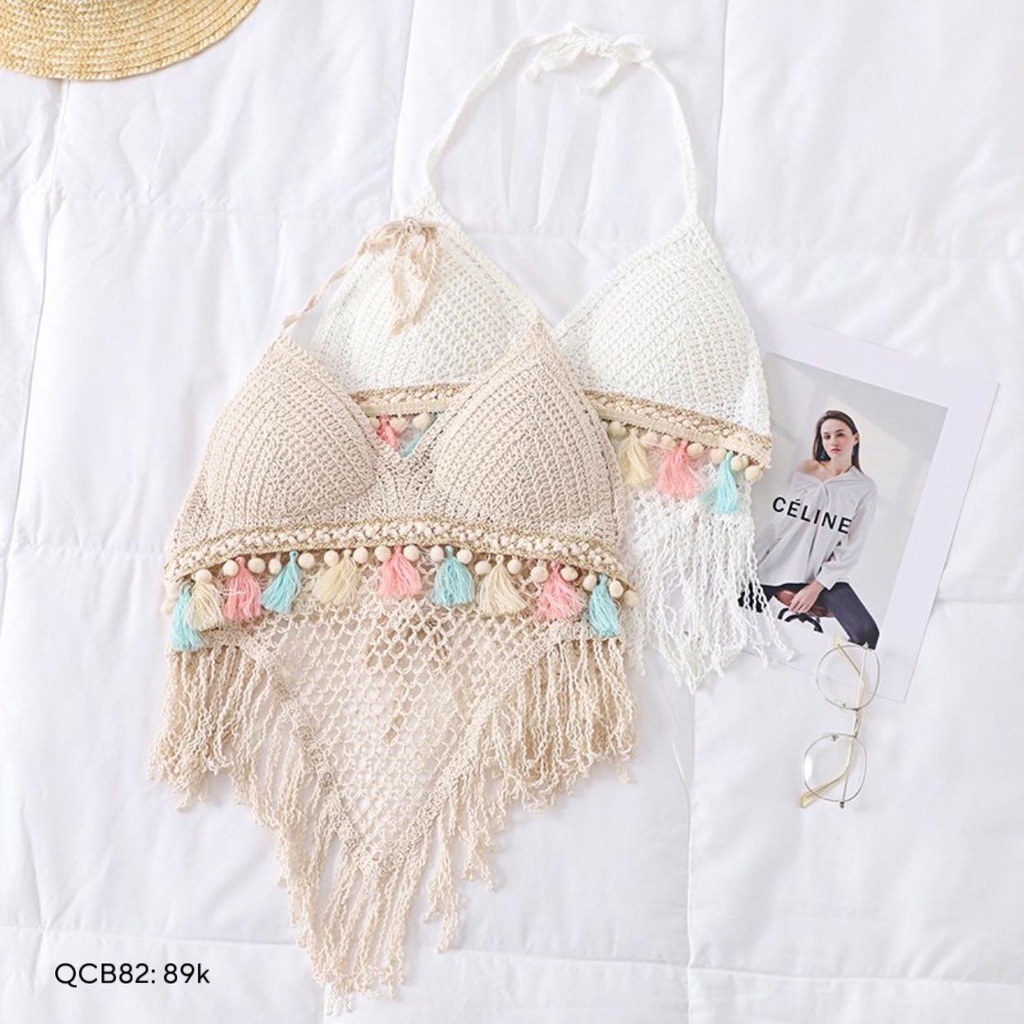 Bra len móc đi biển áo bikini dây buộc tua rua nữ CHIBEST QCB82