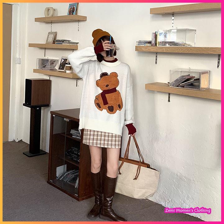 Áo Len Nữ, Áo Len Họa Tiết Gấu Cổ Tròn Form Rộng Dễ Thương Ulzzang | BigBuy360 - bigbuy360.vn