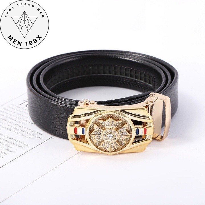 Thắt lưng nam da cao cấp mặt xoay đính đá sang trọng, khóa kim loại tự động - Dây lưng nam CR Luxury