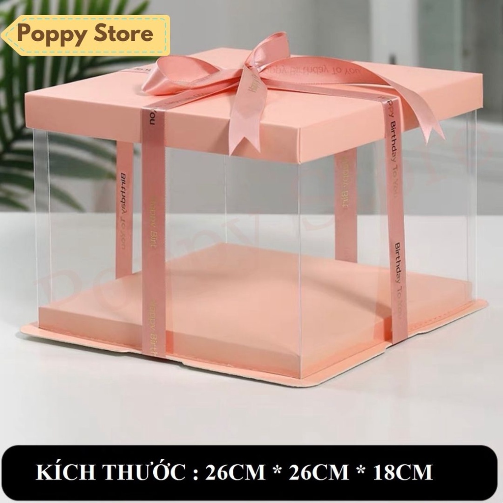 Hộp đựng bánh kem sinh nhật, hộp nhựa mica có nắp, màu cam pastel dễ thương, tặng kèm ruy băng - POPPY STORE