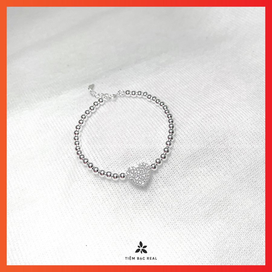 Lắc tay tim dây bi viền đá tinh tế, lắc tay bạc nguyên chất lành tính | BigBuy360 - bigbuy360.vn