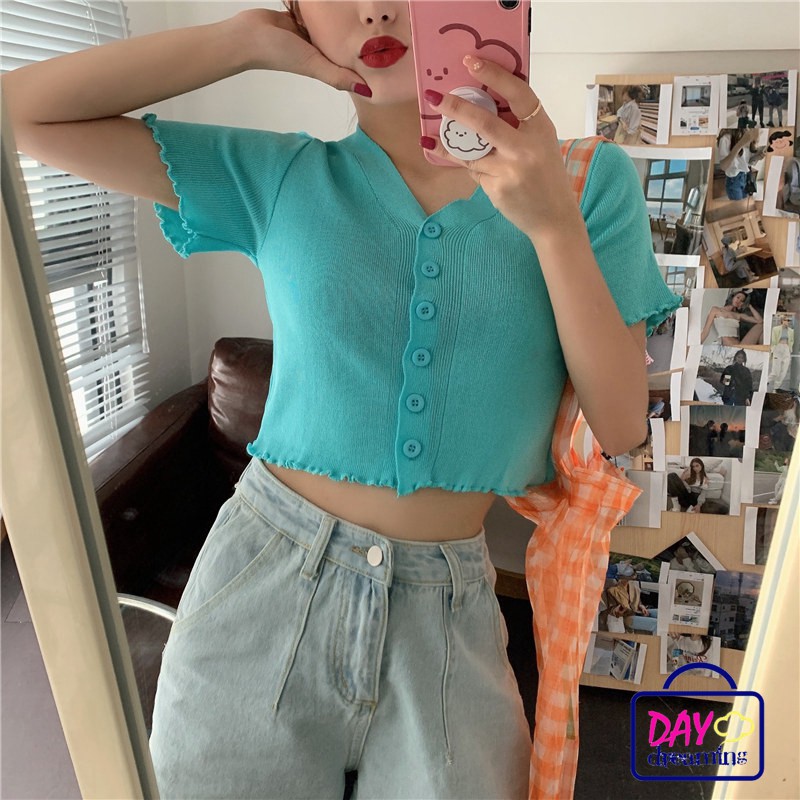 Áo Phông Áo Croptop Áo Thun Dệt Kim Tay Ngắn Cổ Chữ V Phối Nút Xinh Xắn Cho Nữ