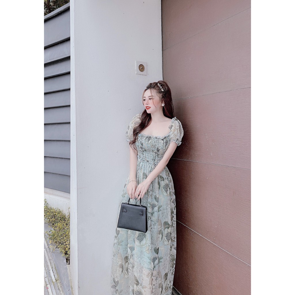 Đầm Maxi Hoa Cổ Vuông, Tay Ngắn Phồng, Nhún Ngực Chun Eo Ren Bèo, Dán suông (ECH012) - Vải Voan - 3 Màu Xanh, Hồng, Nude | BigBuy360 - bigbuy360.vn