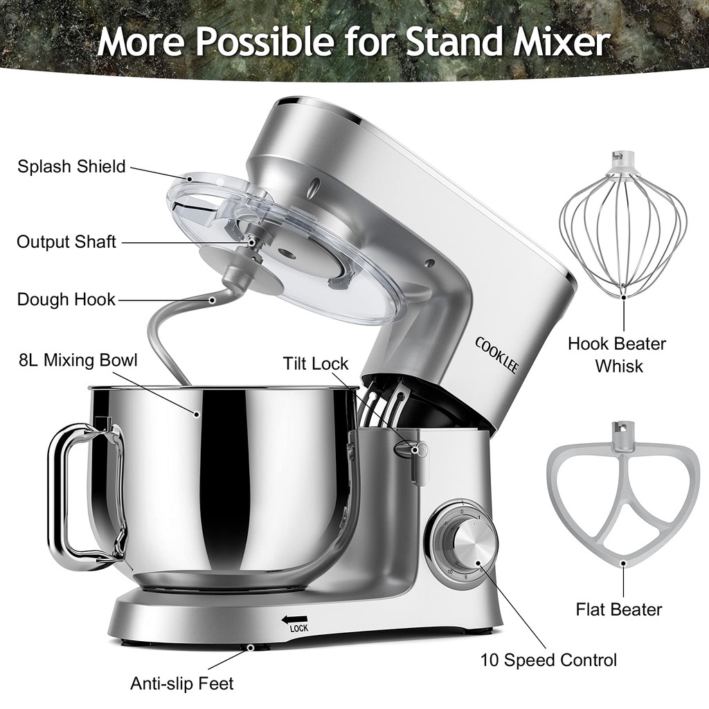 Máy nhào bột COOKLEE 8L 1500W SM-1551 10 tốc độ sử dụng- Bánh răng bằng kim loại nhào được 1.2 kg bột khô