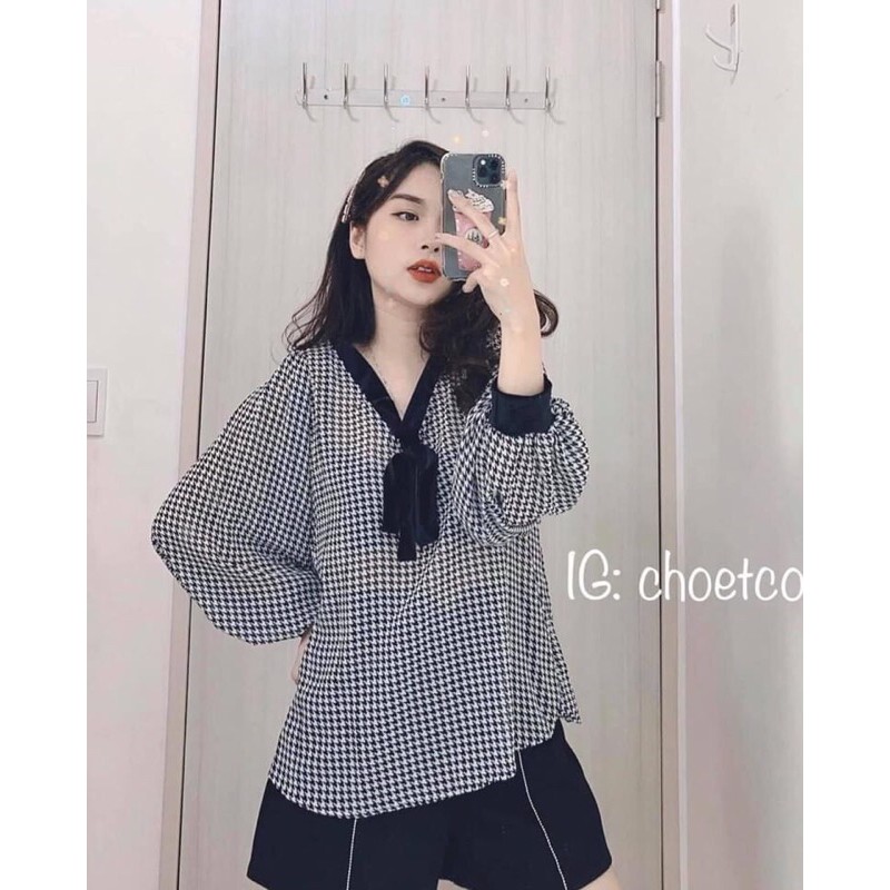 Bán sỉ sơ mi kẻ nơ đen cho nữ