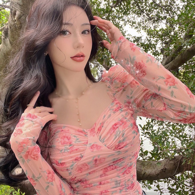 Áo Kiểu Tay Dài Cổ Vuông In Hoa Phối Lưới Phong Cách Retro Hàn Quốc Xinh Xắn Cho Nữ