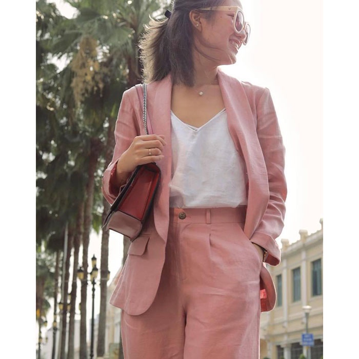 Set bộ 3 món vest blazer Linen ve tròn công sở + Quần ống rộng + Áo ghi lê trẻ trung - Hồng đỗ