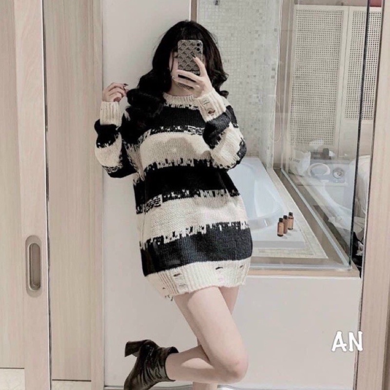 Áo len kẻ rách dáng giấu quần hot hit hàng QC loại đẹp