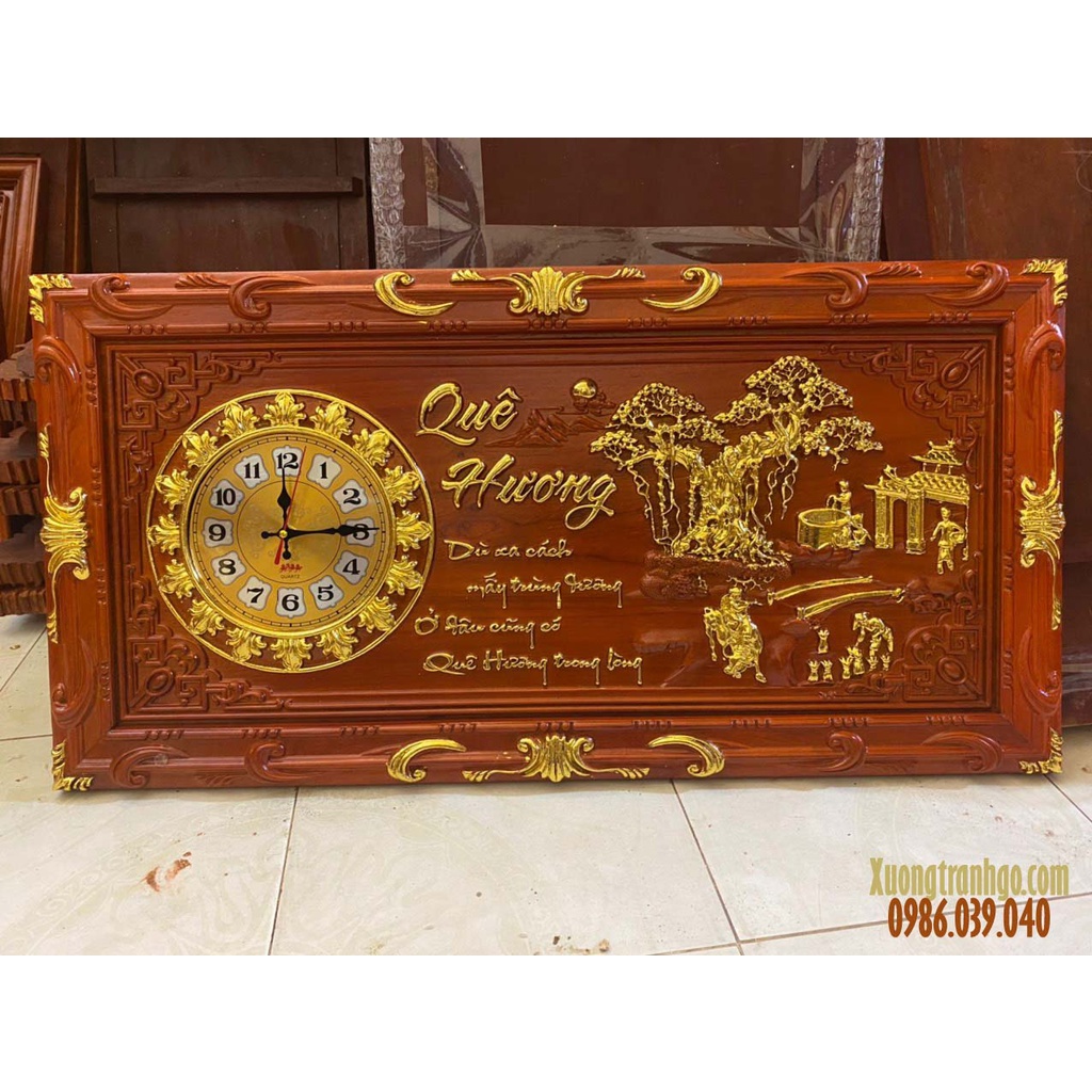 Đồng Hồ Gỗ Hương Đỏ Nam Phi Khung Đục Nguyên Tấm Dát Vàng