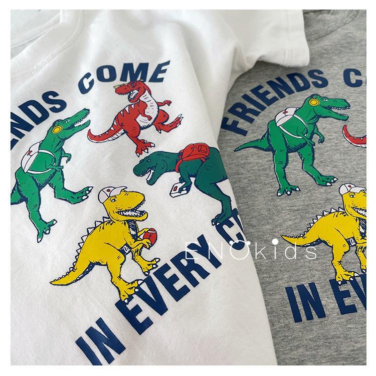 Áo Thun cotton Tay Ngắn Cổ Tròn Dáng Rộng Kiểu Hoạt Hình Khủng Long Ngộ Nghĩnh Phong Cách Nhật Bản Cho Bé