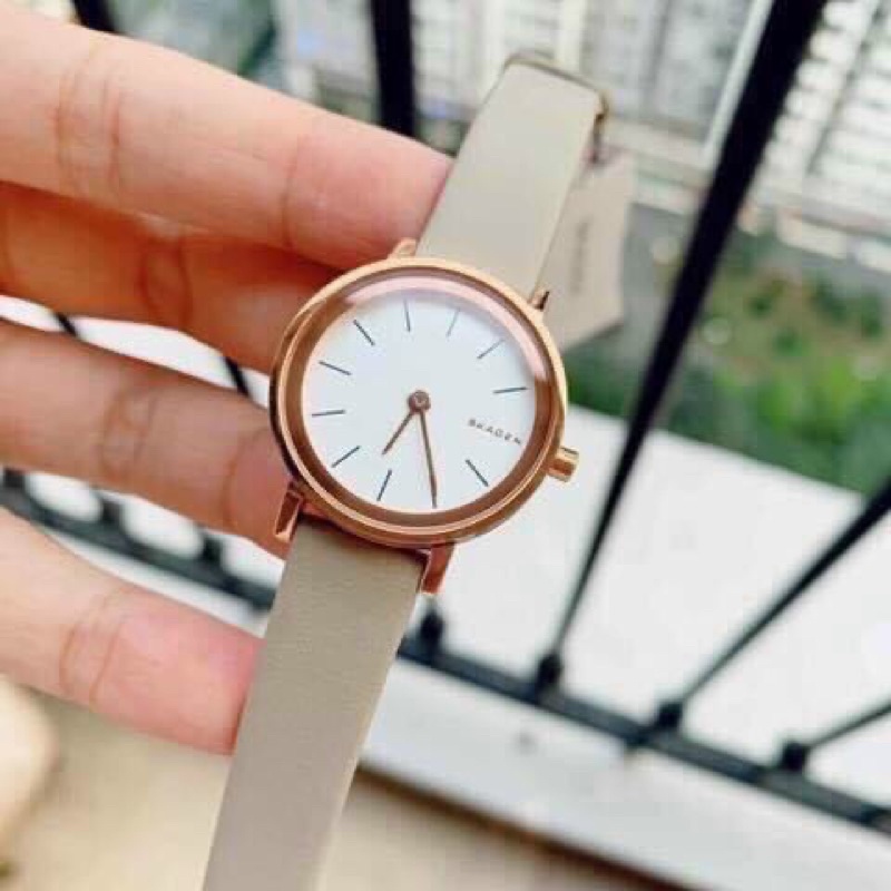 Đồng Hồ Nữ Dây Da Skagen Mặt Trắng Viền Vàng Case 26mm