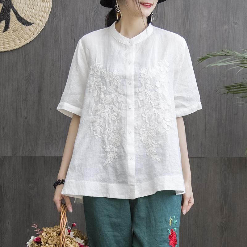 Áo Sơ Mi Cotton Cổ Đứng Tay Ngắn Dáng Rộng Thêu Họa Tiết Xinh Xắn Thời Trang Cho Nữ