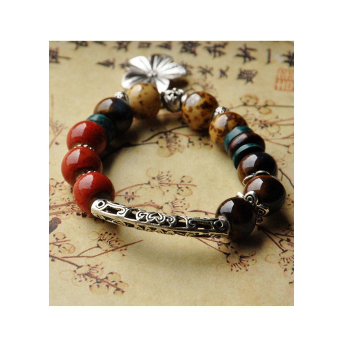 Vòng tay gốm charm hoa 5 cánh Vintage xuất Nhật VGOM18