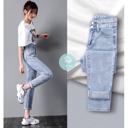 Quần jean baggy nữ lưng cao, quần bò form đẹp đi học ulzzang thời trang nữ 2 nút 2 cạp quần