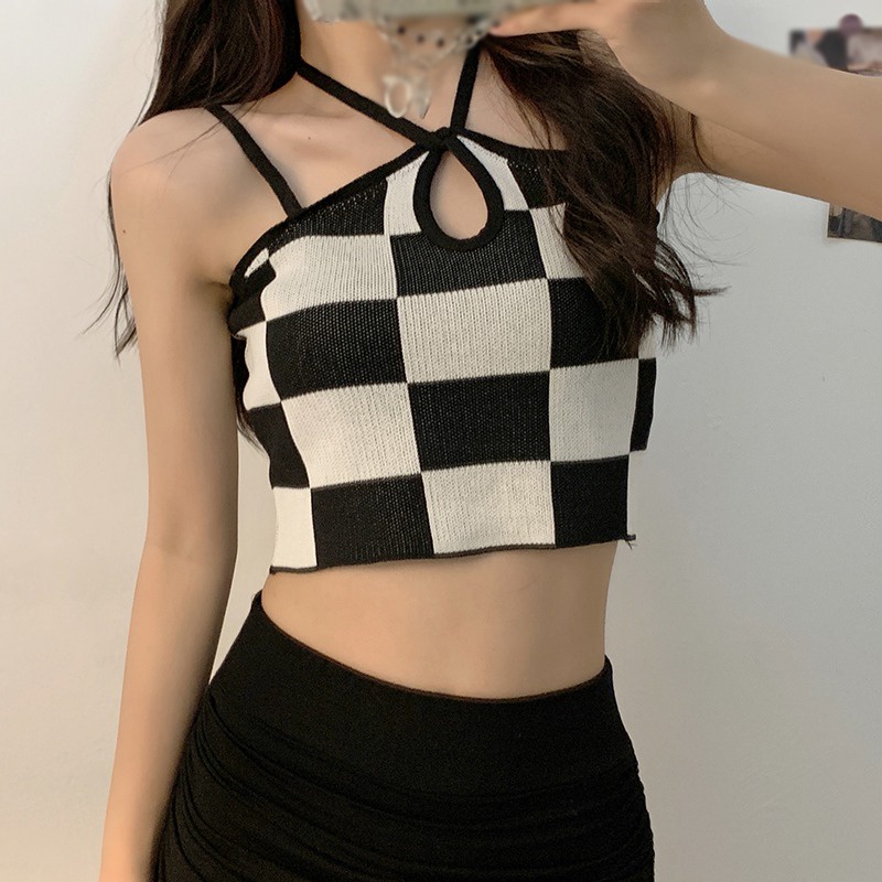 Áo Croptop Không Tay Thiết Kế Mỏng Nhẹ Họa Tiết Sọc Caro Cao Cấp Thời Trang Cho Nữ