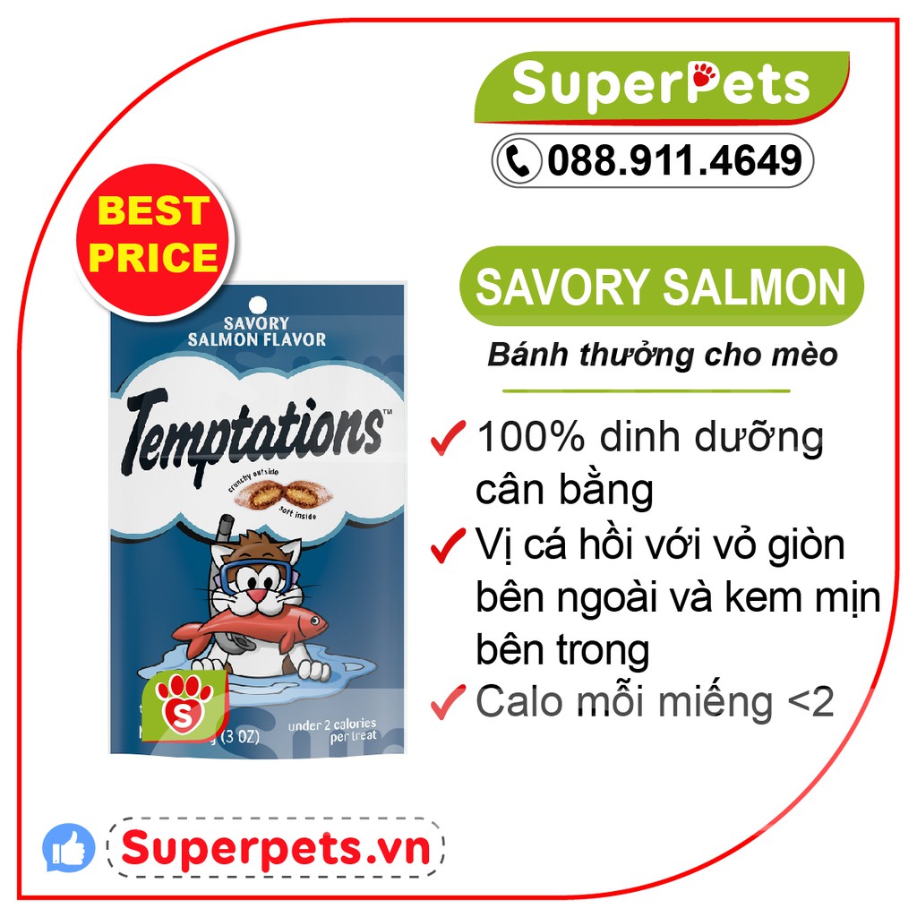 Bánh thưởng Cho Mèo Temptation Vị Cá Hồi Temptations Savory Salmon Flavor Cat Treats 3oz