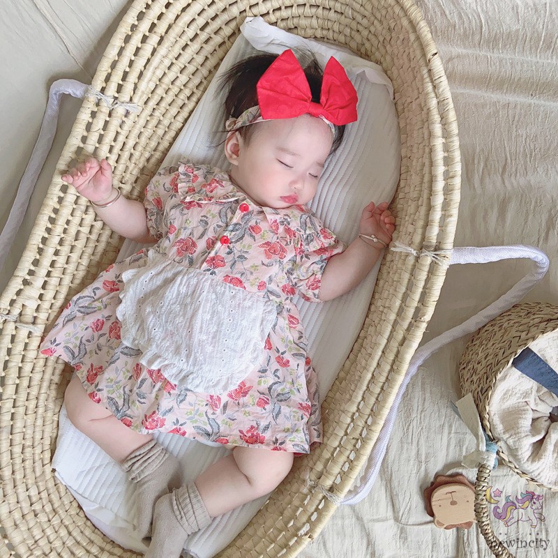 Đầm Tay Ngắn In Hoa Kèm Băng Đô Phong Cách Hàn Quốc Cho Bé Gái