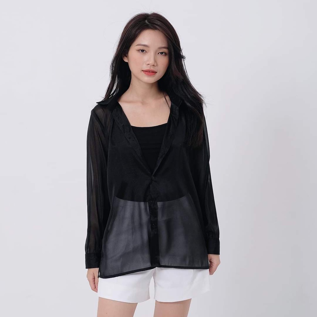 Áo sơ mi voan mỏng tay phồng, Sơ Mi Kiểu Tay Dài Hàn Quốc