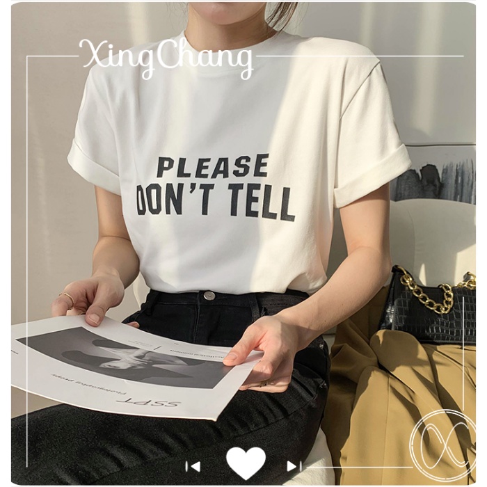 Áo thun trắng nữ tay ngắn cổ tròn chất cotton cao cấp đẹp thanh lịch in Don't Tell mã NXC84