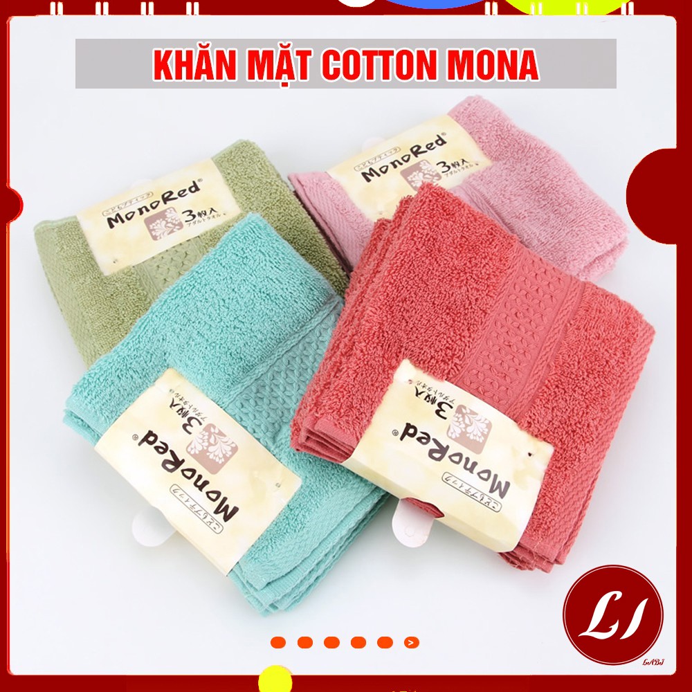 Set 3 Khăn mặt trơn cotton Mona RED mềm mịn, thấm hút tốt (34x34cm)