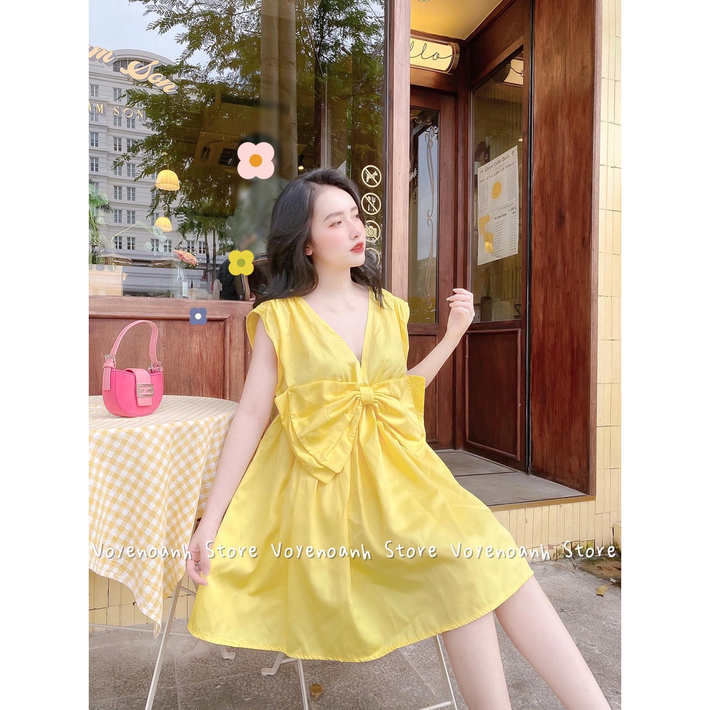 Đầm babydoll dáng bèo phối nơ, màu sắc  xinh xắn