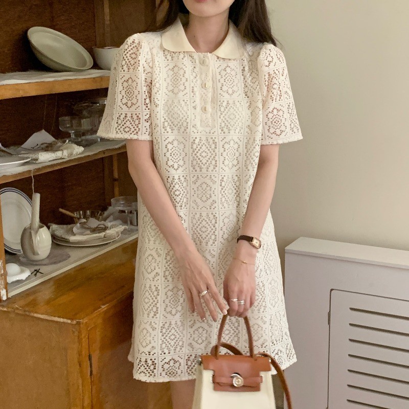 Đầm Tay Ngắn Dáng Chữ A Cổ Polo Phong Cách Hàn Quốc Mới