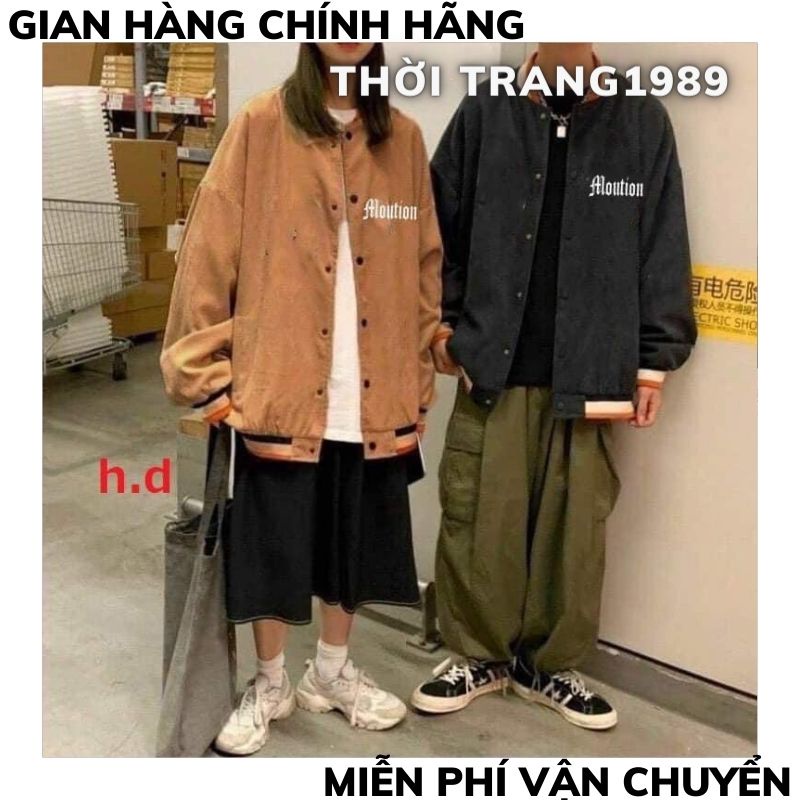 Áo bomber- áo bóng chày nhung tăm màu be-màu đen phối sọc in chữ ALOUTION ,áo nhung tăm phong cách hàn quốcTHỜITRANG1989