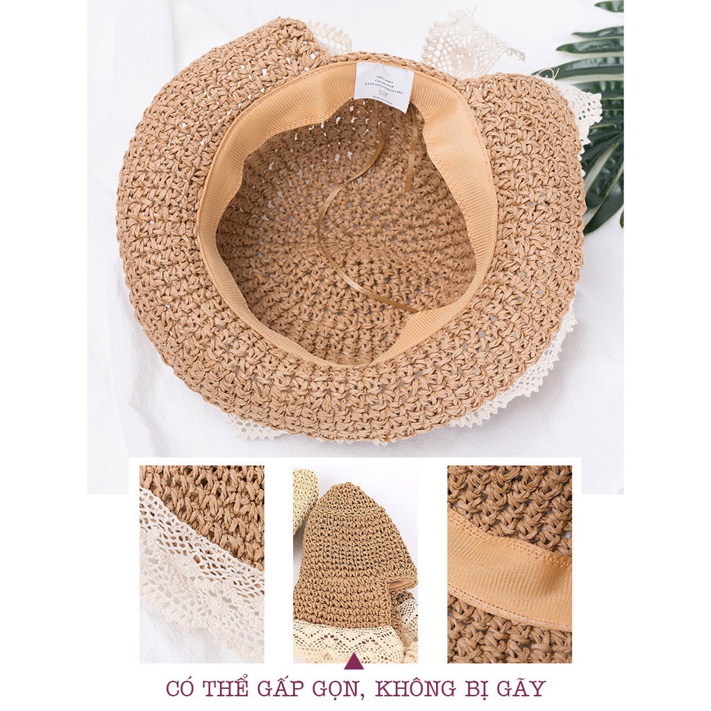 Nón mũ cói viền ren thắt nơ xinh phong cách Ajuma Hàn Quốc cho bé freesize từ 1 đến 4 tuổi
