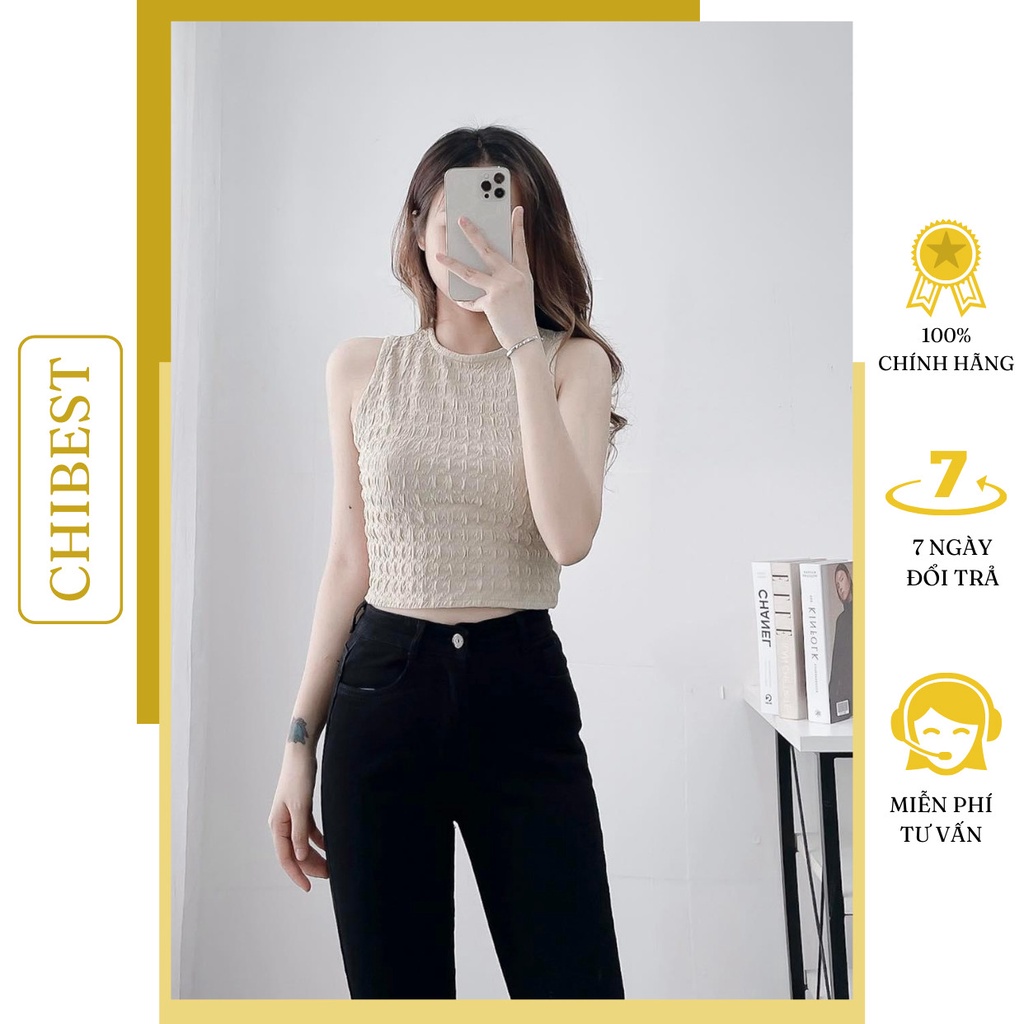 Áo kiểu nữ croptop sát nách chất vải xốp nhún CHIBEST LAB51