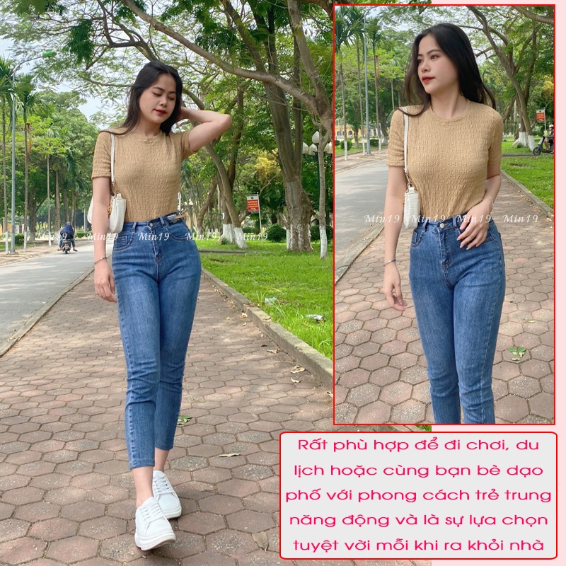 Áo Thun Nữ Tay Ngắn MIN19 Áo Phông Nữ Đẹp Cổ Tròn Dáng Ôm Vải Cotton Nhăn Màu Trắng Nâu Xanh Be Thời Trang Hàn Quốc | BigBuy360 - bigbuy360.vn