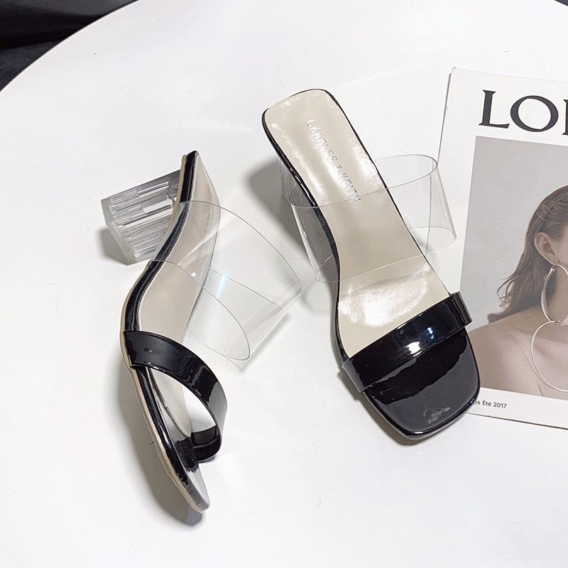 Dép Cao Gót Hở Ngón Mũi Vuông Quai Trong Suốt Phong Cách Hàn Quốc Thời Trang Cho Nữ