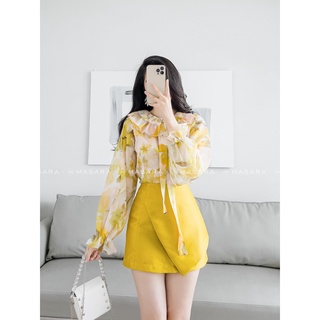 Áo tơ vàng cổ bèo hai lớp dây nơ masara
