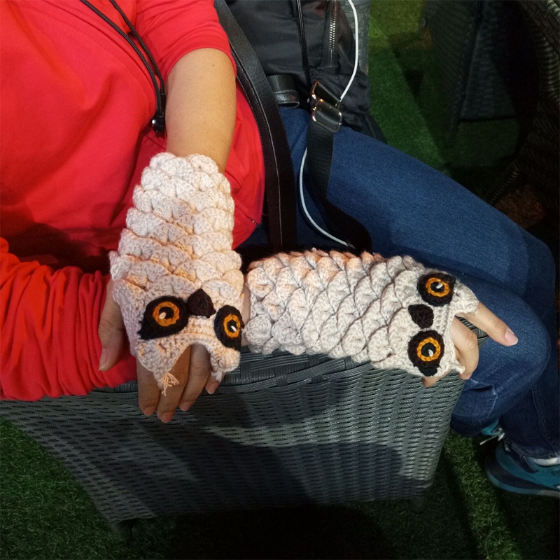 Găng Tay Len Dệt Kim Hở Ngón Họa Tiết Cú Hoạt Hình Giữ Ấm Mùa Đông