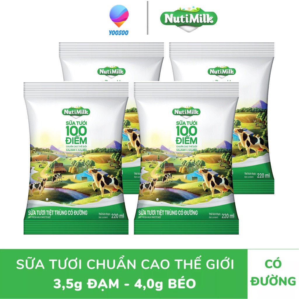 [HSD T9-2022] Combo 10 Bịch Nuti Milk Sữa tươi 100 Điểm Có Đường 220ML