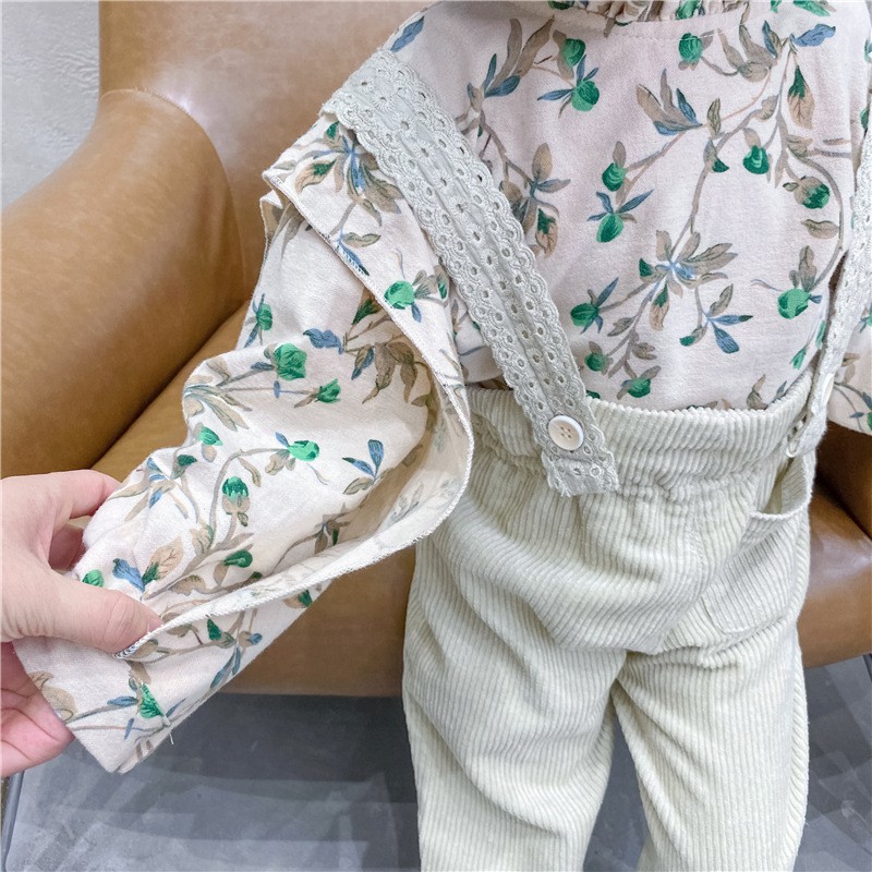 Set thời trang thu đông áo búp bê + quần yếm ren vải nhung cho bé - Hàng Quảng Châu cao cấp