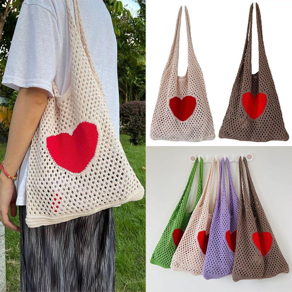 PATH Túi Tote Đan Len Họa Tiết Trái Tim Phong Cách Boho Cho Nữ