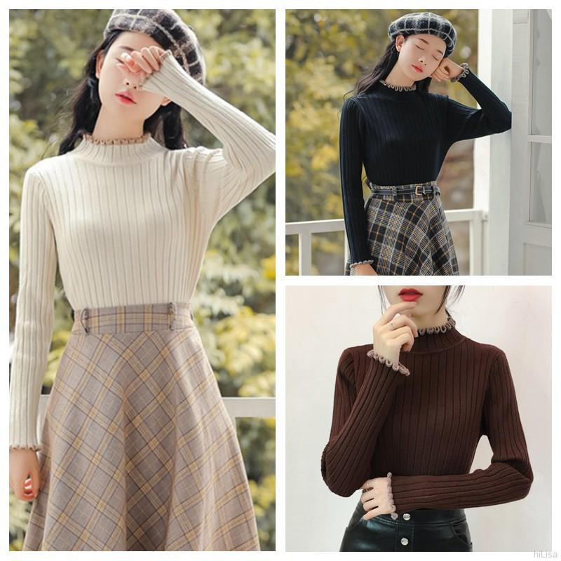 [Lisa]Wooden Ear Half-high Collar Solid Color Slim Knit Solid Color Long-sleeved Sweater